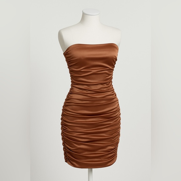 Naked Wardrobe Size Small Rosegold Elegant Strapless Satin Mini Bodycon Dress - Picture 1 of 11